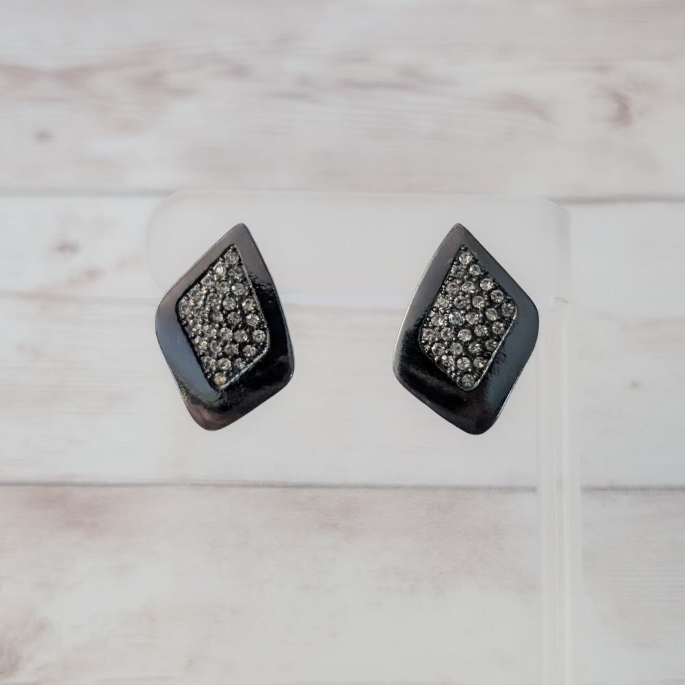 Vintage Stud Earrings Dark Grey with Gems Retro Statement